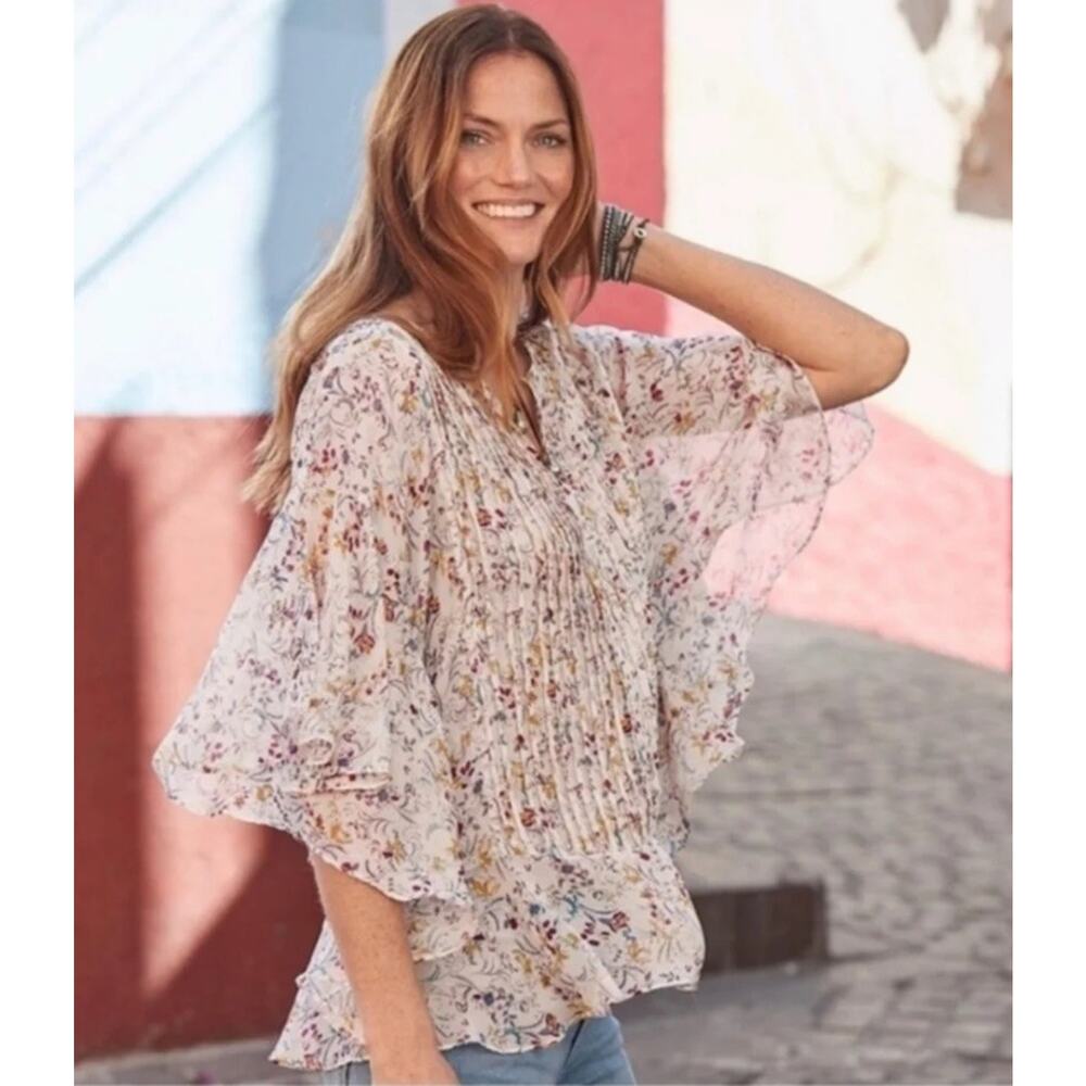 Sundance Women's Romantic Flowy Peasant Half Sheer Floral Top Sz XS